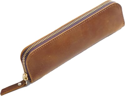 Retro Leren Pennenhouder met 4 Penlussen en Rits, Smalle en Draagbare Etui voor Studenten en Kunstenaars, Bruin, 21x6cm