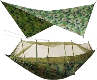 Velori Campinghangmat 2 Persoons - Parachute Hangmat met Klamboe - Inclusief Regenzeil - Lichtgewicht Outdoor Hangmat - Kampeerhangmat - Camouflage - 260 x 140 cm
