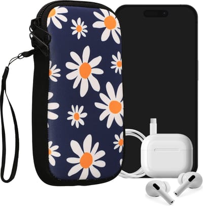 kwmobile hoesje voor smartphones M - 5,5" - hoes van Neopreen - Madeliefjes design - blauw / wit / geel - binnenmaat 15,2 x 8,3 cm