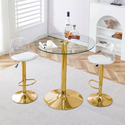 Flexibele barset: glazen tafel van 89 cm + 2 barkrukken met goudkleurige poten, in hoogte verstelbaar en draaibaar. • Transparante look • 360° draaibaar • Veelzijdig in gebruik. Creëert een ruimtelijk effect en bespaart ruimte.