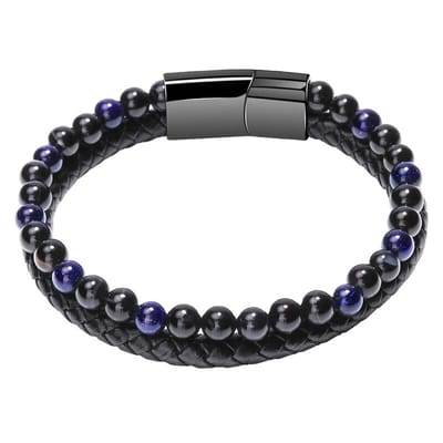 Fako Bijoux - Leren Natuurstenen Armband Heren - Zwart Leer - Zwart & Blauw Zandsteen Natuursteen - 6mm - 21cm - Zwart/Blauw Zandsteen