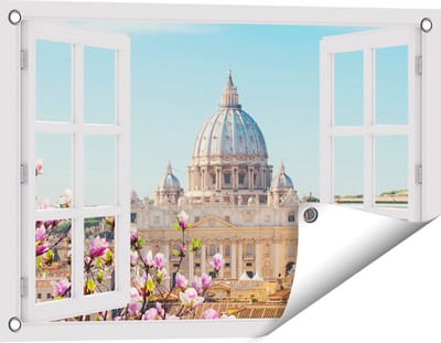 Gards Tuinposter Doorkijk Sint Pietersbasiliek in Rome met Bloemen - 60x40 cm - Tuindoek - Tuindecoratie - Wanddecoratie buiten - Tuinschilderij
