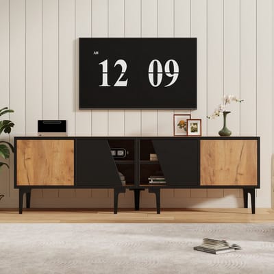 Wishdor Tv-Meubel - 4 Vakken - 7 Pvc-Steunpoten - Natuurlijke Houtkleur Met Zwart - 160 X 36,5 X 45 Cm