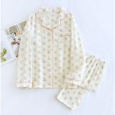 Nieuwe Dames Pyjama Set 100% Katoen Crêpe Lange Mouw Broek Tweedelige Set met Revers Eenvoudig M white