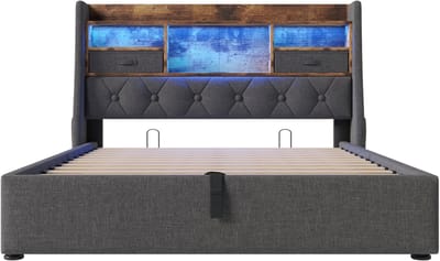COVREO Bed met opbergruimte – 140x200 cm – Tweepersoonsbed met LED en USB-C – Frame met lattenbodem – Grijs - zonder matras