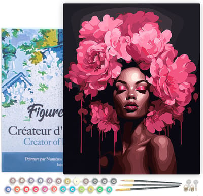 Figured'Art Schilderen op Nummer Volwassenen met lijst Pioenroos Haar Dame - Handwerk acrylverf Kit DIY Compleet - 40x50cm Canvas al ingelijst