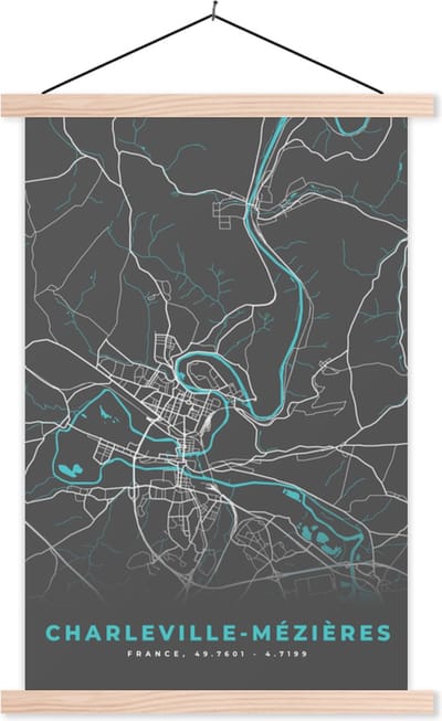 Posterhanger incl. Poster 40x60 cm - Schoolplaat - Charleville-Mézières - Frankrijk - Plattegrond - Kaart - Stadskaart - Textielposter - Blanke latten - Stadskaart
