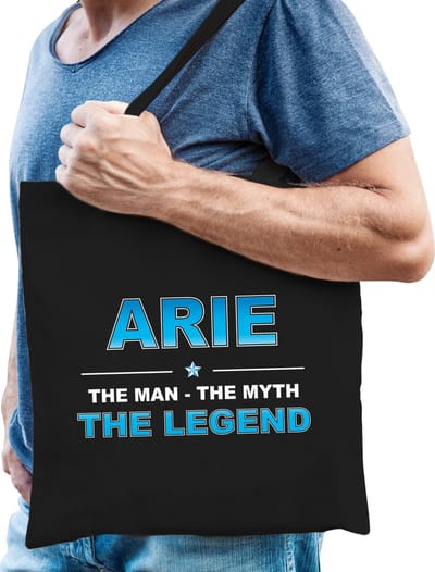Naam cadeau Tasje voor Arie - The man, The myth the Legend - katoenen - zwart - verjaardag - vaderdag - collega - vriendin