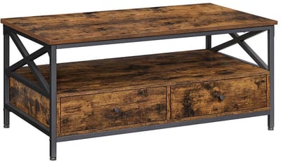 Salontafel koffietafel opbergtafel multifunctioneel opbergmeubel met 2 lades en 1 open vak stevig X-vormig metalen frame geschikt voor woonkamer keuken en slaapkamer 100 x 55 x 45 cm bruin en zwart