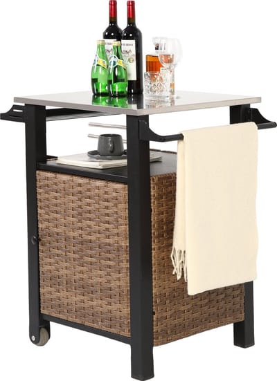 Wishdor - Barwagen Met Enkele Deur - Rijdend - Uitschuifbaar Blad - Stalen Frame - Roestvrijstalen Werkblad - Bruin - 76 x 57 x 85 cm