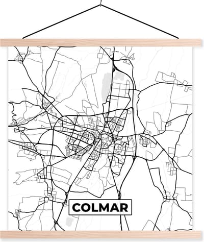 Posterhanger incl. Poster 40x40 cm - Schoolplaat - Frankrijk - Kaart - Colmar - Plattegrond - Stadskaart - Zwart wit - Textielposter - Blanke latten - Stadskaart