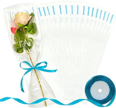 Rozenhoes en boeketverpakkingszakken met blauw lint, plastic zakken met liefdeprint voor bloemen, ideaal voor huwelijksverjaardag, Valentijnsdag en Moederdag, 15,7 x 5,5 inch