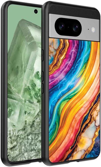 Geschikt voor Google Pixel 8 Telefoonhoesje met Regenboog Goud Marmer Opdruk - TPU Backcover Case Rainbow Gold Marble Design - Smartphonica geschikt voor Google Pixel 8