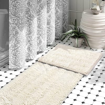 Badkamertapijt, 2-delige badmat set, zachte antislip badmatten, chenille, absorberend pluizig badkamertapijt voor bad, badkuip en douche (roomwit)