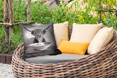 Buitenkussen Weerbestendig - Schotse Hooglander - Spaghetti - Dieren - Zwart wit - 50x50 cm