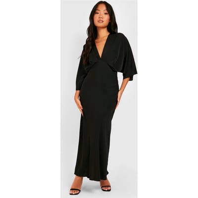 boohoo Dames Petite Bias Cut Engelmouwen Maxi-Jurk | Zwart | Maat: 42