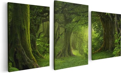Artaza Canvas Schilderij Drieluik Groene Tropische Jungle Bos - 120x60 cm - Wanddecoratie Woonkamer - Schilderijen - Muurdecoratie