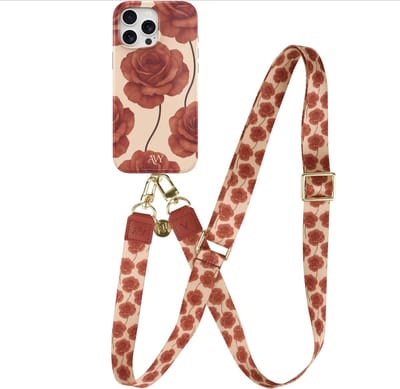AVY Hoesje Met Telefoonkoord | Geschikt voor Apple iPhone 12 Pro Max | Compatibel met MagSafe & Qi2 | Hard Shell Back Cover | Stijlvol Bijpassend Koord Crossbody (120CM) | Botanique Roses