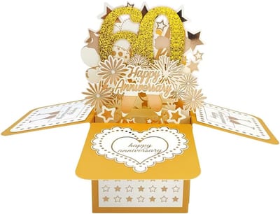 Dailygoods- Wenskaart 60-jarig Huwelijksjubileum - Pop-up Wenskaart - 3D Diorama - Feestdecoratie - Hoge Kwaliteit Papier - Gouden Glinsterende Letters - Jubileumkaart