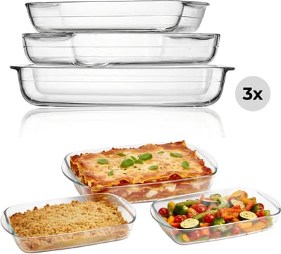 Lomera Glazen Ovenschalenset - 3-Delige Set - Hittebestendig Glas - Vaatwasserbestendig - Rechthoekige Vorm - Geschikt voor Oven - Geschikt voor Magnetron - Transparant Glas - Ovenschaal Glas - Glazen Ovenschalen Set