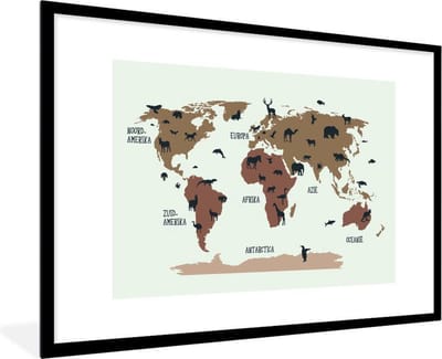 Wereldkaart Kinderen - Dieren - Bruin - Schoolplaat - Kinderkamer - 120x80 cm