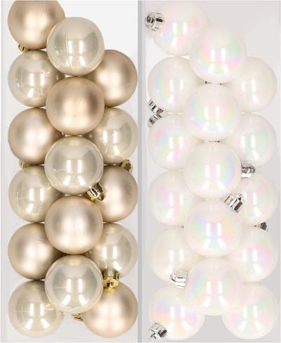 Kleine kerstballen - 32x st - champagne en wit parelmoer - D4 cm - kunststof - kerstversiering