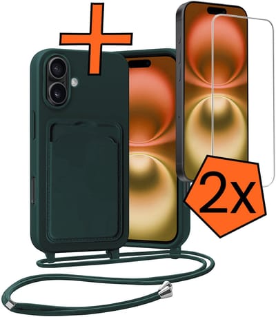 Hoesje Geschikt voor iPhone 16 Plus Hoesje Met Telefoonketting Pasjeshouder Case Met 2x Screenprotector Koord - Hoesje Geschikt voor iPhone 16 Plus Hoes Met Kaarthouder - Donkergroen