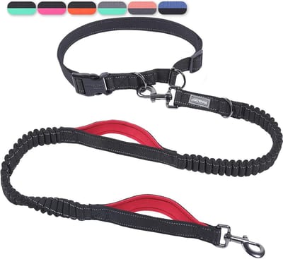 Handsfree Hondenriem met Dubbele Anti-Shock Bungees voor Training en Joggen - Verstelbare Reflecterende Taille Renriem Zwart/Rood