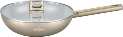 Swiss Haus® SCW28CH Wokpan Inductie met Deksel - Ø 28 cm - PFAS Vrij - Wokpannen Voor Alle Warmtebronnen - Wok Pan Met Sapphire™ Antiaanbaklaag - Champagne