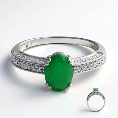 Cavill - Sterling Zilver Ring - Platina Geplateerd - Bahia Ovaal Smaragd 1,08ct - 40 Cambodjaanse Zirkon 0,31ct - Elegant Maat 17
