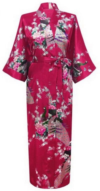 KIMU® Kimono Bordeauxrood 3/4 - Maat XS-S - Yukata Satijn Onder de Knie - Driekwarts Donkerrode Ochtendjas Japanse Kamerjas Sexy Satijnen Badjas Rood Festival