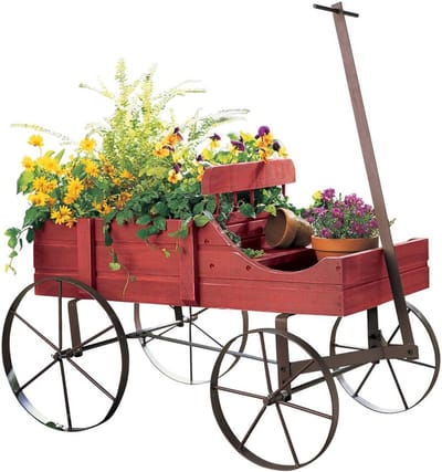 Decoratieve Wagon - Plantenwagen Hout - Tuindecoratie Buiten - Met Rollende Wielen - 44 x 15 Inch - Rood