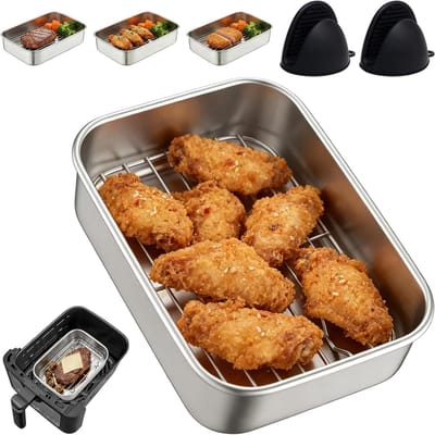 Hittebestendige Bakvorm voor Airfryer van RVS met Druppelrooster, 20 x 15,2 x 5 cm, Vierkante Bakaccessoire voor Gezond Koken en Bakken