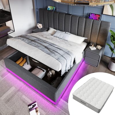 MIVRAY Gestoffeerd Bed 180x200 Cm - Tweepersoons Opbergbed Met Led Verlichting En Usb En Usb C - Linnen - Grijs - Met Matras