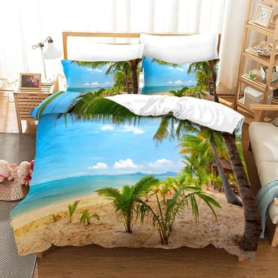 Strand Zonsondergang Dekbedovertrek Set Tropisch Eiland Met De Palmboom En Zee Strand Natuur Thema Queen Size Dekbedovertrek 135x200cm