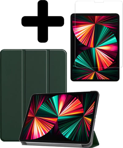 Hoes - Geschikt voor Apple iPad Pro (2021) - 12.9 inch - Met Screenprotector - Trifold Bookcase - Hard Cover - Hardcover Book Case - Tablet Hoesje - Donkergroen