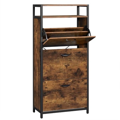 Soof&Tess - Schoenenkast - Voor 16-20 paar schoenen - Schoenenrek met 3 kleppen - Vintage houten look - Stalen frame - Bruin / Zwart