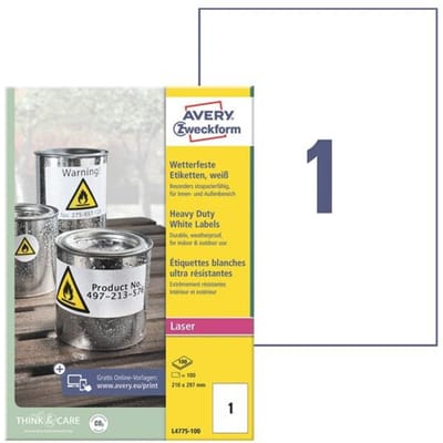 Avery-Zweckform L4775-100 Folie-etiketten 210 x 297 mm Polyester folie Wit 100 stuk(s) Permanent hechtend Laser (kleur), Laser (zwart/wit), Kopiëren