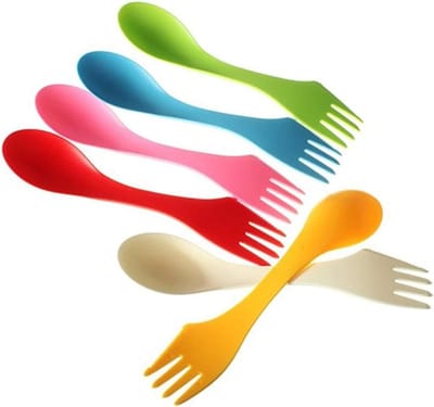 3-in-1 Bestekset met Lepel, Vork en Mes - 6-delige Set in Diverse Kleuren, Ideaal voor Picknicks en Kamperen