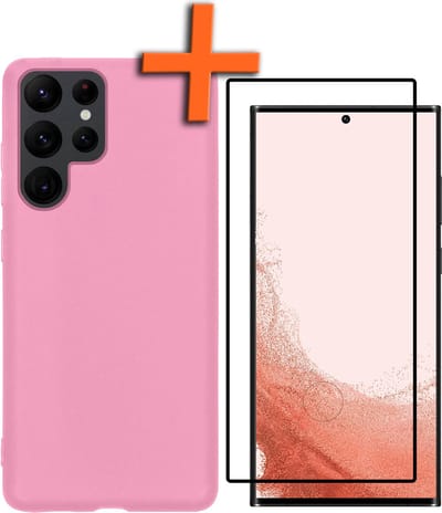 Hoes - Met Screenprotector - Geschikt voor Samsung Galaxy S22 Ultra - Sterk & Shockproof - Back Cover - Siliconen Case - Telefoon Hoes - Lichtroze