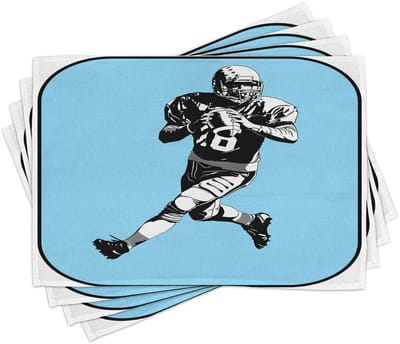 ABAKUHAUS Sport-placematten, retro American football, wasbare stof voor keuken en eetkamer – tafeldecoratie, blauw, zwart en wit