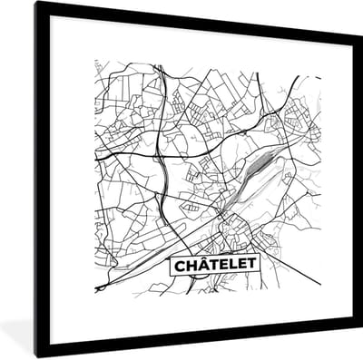 Fotolijst incl. Poster Zwart Wit- België – Châtelet – Stadskaart – Kaart – Zwart Wit – Plattegrond - 40x40 cm - Posterlijst