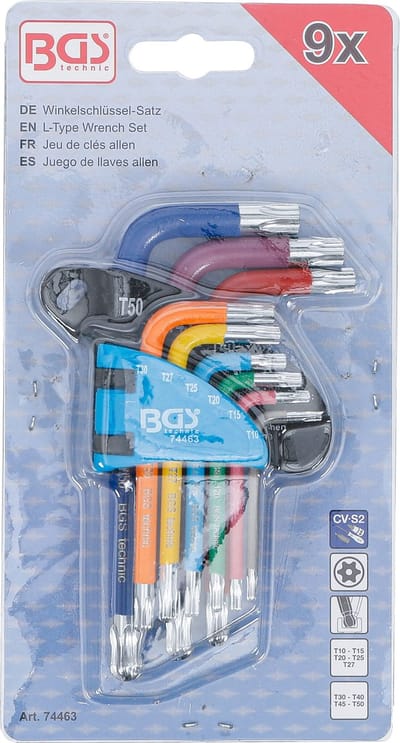 BGS Stiftsleutelset - meerkleurig - kort - Torx met boring en kogelkop T10 - T50 - 9 delig