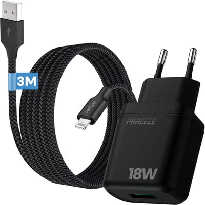 Phreeze usb adapter met lange kabel geschikt voor iPhone en iPad - met Lightning naar usb - oplader met oplaadkabel 3 meter - Voor 14 13 12 11 X Xr Xs Plus Pro Max Mini