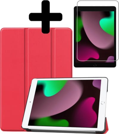 Hoes - Geschikt voor Apple iPad 9 (2021) - 10.2 inch - 9e Generatie - Met Screenprotector - Trifold Bookcase - Hard Cover - Hardcover Book Case - Tablet Hoesje - Rood