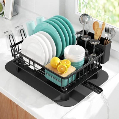 Drain Rack met Drip Tray - Premium Keukenafvoerrek voor Aanrecht, Waterdruppelopvang, Zwart (37.5 * 28 * 14.5cm)