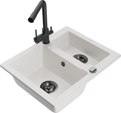 Mexen Carlos granieten spoelbak 1,5-komori met keukenmengkraan Duero, wit - 6518-20-671600-70