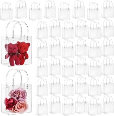 40 Stuks Doorzichtige PVC Cadeautassen met Handvatten en Knopen, Herbruikbare Plastic Goodiebags voor Feesten, Trouwen en Winkelen, 5.12×