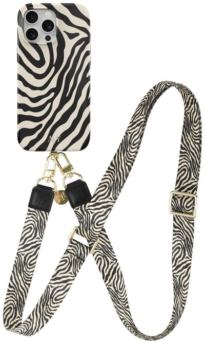 AVY Hoesje Met Telefoonkoord | Geschikt voor Apple iPhone 13 Pro | Compatibel met MagSafe | Hard Shell Back Cover | Stijlvol Bijpassend Koord 130CM | Serengeti Zebra | Zwart & Wit