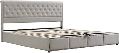Gestoffeerd bedframe van katoen en linnen, hydraulische lift, opbergruimte in de bedbodem, decoratieve klinknagels, 180 x 200 cm, matras niet inbegrepen, lichtgrijs.